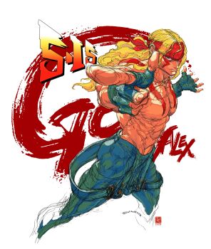 1boy abs absurdres alex_winger blonde_hair blue_eyes character_name fingerless_gloves gloves headband highres liutao850118 long_hair looking_at_viewer male_focus muscular muscular_male overalls pectorals pointing pointing_at_viewer solo street_fighter street_fighter_iii_(series) tattoo topless_male