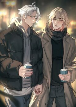 2boys absurdres antenna_hair black_jacket black_scarf blonde_hair blue_eyes braid brown_coat can coat commentary english_commentary facial_tattoo gradient_hair grey_hoodie highres holding holding_can honkai:_star_rail honkai_(series) hood hood_down hoodie jacket male_focus medium_hair multicolored_hair multiple_boys mydei_(honkai:_star_rail) open_clothes open_jacket parted_bangs perciren phainon_(honkai:_star_rail) red_hair red_tattoo scarf short_hair side_braid tattoo white_hair yaoi yellow_eyes