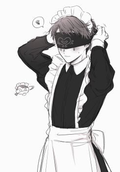 1boy adjusting_clothes alternate_costume apron arms_behind_head back_bow blindfold bow crossdressing crossdressing_(mtf) eli_clark enmaided facial_mark greyscale highres identity_v light_blush maid maid_apron maid_headdress male_focus male_maid monochrome short_hair small_sweatdrop striped_blush suyapipi upper_body
