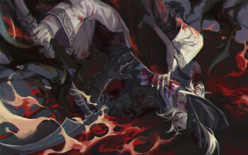 2girls agong black_hood blonde_hair blood bloodborne fromsoftware gloves hat highres holding holding_weapon jacket lady_maria_of_the_astral_clocktower multiple_girls namco scythe sister_friede weapon