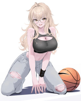 1girl absurdres ball basketball_(object) black-framed_eyewear black_shirt blonde_hair breasts choppy_bangs cleavage cleavage_cutout clothing_cutout crop_top cropped_shirt drawstring full_body glasses grey_pants highres kneeling large_breasts leaning_forward long_hair navel open_mouth original pants panty_straps round_eyewear shirt simple_background sleeveless sleeveless_shirt smile solo sthk stomach torn_clothes torn_pants white_background yellow_eyes
