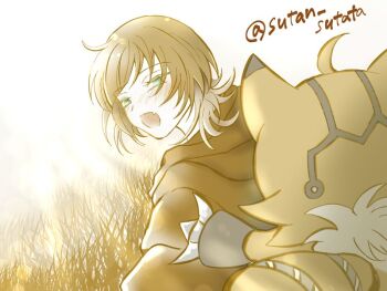 Rule 34 | blush, digimon, digimon (creature), digimon beatbreak, fang, green eyes, jacket, looking at another, pristimon, sakuya reina, short hair, sutan sutata