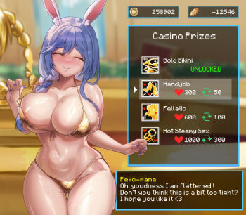 animal_ears areola_slip bare_arms bare_shoulders bikini blue_hair blush braid breasts casino cleavage freeze-ex gameplay_mechanics gold_bikini hair_over_shoulder holocure hololive huge_breasts long_hair mature_female multicolored_hair pekomama rabbit_ears rabbit_girl rabbit_tail red_eyes shiny_skin smile solo_focus sweat swimsuit tail two-tone_hair user_interface virtual_youtuber white_hair