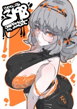 1girl absurdres artist_name bare_shoulders black_pants black_shirt bra breasts commentary cowboy_shot english_commentary from_above from_side glasses grey_hair hair_between_eyes hair_ornament highres jrpencil looking_at_viewer orange_bra orange_eyes original pants parted_lips raised_inner_eyebrows shirt short_hair sideboob sleeveless sleeveless_shirt sleeveless_turtleneck solo strap_slip turtleneck turtleneck_shirt underwear