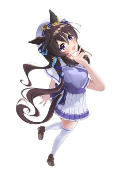 1girl absurdres animal_ears beret blue_eyes blue_ribbon blush bow bowtie breasts brown_hair commentary_request cstv ear_covers hair_between_eyes hat highres horse_ears horse_girl horse_tail long_hair mole mole_under_eye multicolored_hair open_mouth pleated_skirt puffy_short_sleeves puffy_sleeves purple_bow purple_bowtie purple_shirt ribbon sailor_collar sailor_shirt school_uniform shirt shoes short_sleeves simple_background single_ear_cover skirt smile solo tail thighhighs tracen_school_uniform twintails umamusume vivlos_(umamusume) white_background white_sailor_collar white_skirt white_thighhighs zettai_ryouiki