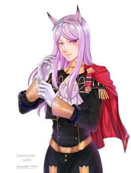 1girl absurdres alternate_costume animal_ears aqua_bow ascot blush bow cape closed_mouth commentary commission ear_bow ear_ribbon edelgard_von_hresvelg english_commentary fire_emblem fire_emblem:_three_houses garreg_mach_monastery_uniform gloves highres horse_ears horse_girl long_hair long_sleeves mejiro_mcqueen_(umamusume) nintendo purple_eyes purple_hair red_cape ribbon side_cape simple_background solo umamusume vennyyyy_draws white_ascot white_background