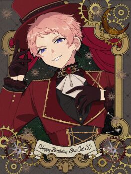 1boy am_(are_are_shingi) black_gloves character_name clenched_teeth commentary_request dated earrings ensemble_stars! feather_earrings feathers gears gloves hand_on_own_chest hands_up happy_birthday hat highres itsuki_shu jewelry long_sleeves looking_at_viewer male_focus pink_hair purple_eyes short_bangs short_hair smile solo teeth top_hat upper_body