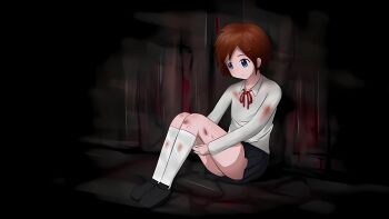 artist_request black_shoes blood blood_on_clothes blood_on_ground blue_eyes blue_skirt brown_hair copyright_request demonophobia highres kunikai_sakuri school_uniform shirt shoes short_hair sitting skirt stone_floor white_shirt