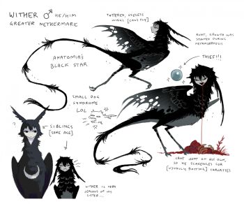 :&lt; :d ? black_feathers black_tail black_wings blood blood_from_mouth blue_gemstone bone character_name chest_markings closed_mouth english_text feathers gem grey_feathers harpy highres jejejunum mars_symbol monster_girl multicolored_feathers open_mouth original reference_sheet simple_background smile whisper_(jejejunum) white_background wings wither_(jejejunum)