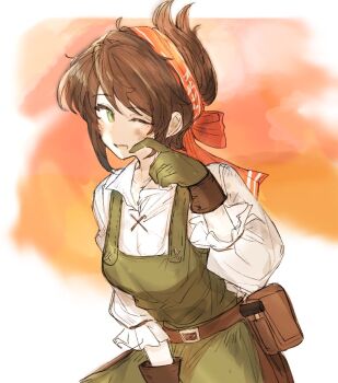 Rule 34 | 1girl, apron, belt, belt pouch, brown belt, brown hair, collared shirt, commentary request, cowboy shot, gloves, green apron, green eyes, green gloves, hair ribbon, hand up, hosakana, long sleeves, looking at viewer, octopath traveler, octopath traveler: champions of the continent, octopath traveler 0, one eye closed, open mouth, pouch, red ribbon, ribbon, shirt, short hair, smile, solo, standing, stia (octopath traveler), white shirt