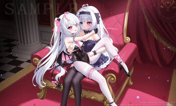2girls ahoge black_thighhighs cameltoe daoyan demon_tail demon_wings hair_intakes heart heart_ahoge heterochromia highres multiple_girls original pantyhose pink_ribbon ribbon tail thighband_pantyhose thighhighs thighs throne watermark white_hair white_pantyhose wings