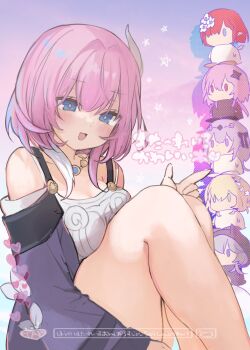 1girl aglaea_(honkai:_star_rail) alternate_breast_size_(larger) bare_shoulders blue_eyes breasts castorice_(honkai:_star_rail) cipher_(honkai:_star_rail) coat commentary_request cyrene_(aedes_elysiae)_(honkai:_star_rail) cyrene_(honkai:_star_rail) dress evernight_(honkai:_star_rail) hair_ornament highres honkai:_star_rail honkai_(series) jewelry knees_up march_7th_(honkai:_star_rail) medium_breasts multicolored_hair necklace pink_hair purple_coat short_hair thighs trianne_(honkai:_star_rail) two-tone_hair white_dress yukari_(rihenara_doll)