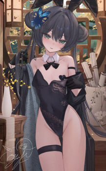 1girl absurdres alternate_costume alternate_eye_color animal_ear_hairband animal_ears armlet bare_shoulders black_armlet black_bow black_bowtie black_gloves black_hairband black_jacket black_leotard blue_archive blush bow bowtie braid braided_bun breasts butterfly_hair_ornament collarbone covered_navel detached_collar dot_nose double_bun dragon_print fake_animal_ears gloves gluteal_fold green_eyes hair_between_eyes hair_bun hair_ornament hairband half-closed_eyes hand_in_own_hair hands_up head_tilt heart_pasties highleg highleg_leotard highres huge_filesize indoors jacket jacket_partially_removed jewelry kisaki_(blue_archive) lattice leotard leotard_pull loli long_hair looking_at_viewer loose_bowtie off_shoulder open_clothes open_jacket open_mouth oversized_breast_cup oyaji_hime pasties playboy_bunny pulling_own_clothes rabbit_ear_hairband rabbit_ears sidelocks small_breasts smile solo standing strapless strapless_leotard striped_clothes striped_jacket thigh_gap thigh_strap thighs twintails twirling_hair vase vertical-striped_clothes vertical-striped_jacket very_long_hair