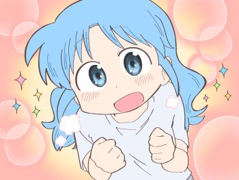 1girl aged_up blue_eyes blue_hair bubble city_(arawi_keiichi) clenched_hands from_above grey_shirt happy highres long_hair looking_at_viewer naganohara_mio nichijou open_mouth orange_background shirt sidelocks smile sparkle sparkling_eyes wichimi