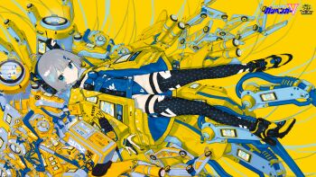 1girl absurdres aqua_eyes blue_leotard breasts coat expressionless grey_hair hair_ornament hairclip high_heels highres leotard machine muzinneki original print_thighhighs short_hair sideways small_breasts solo thighhighs yellow_coat