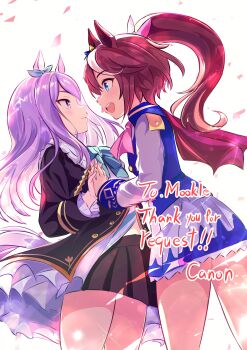 2girls absurdres animal_ears aqua_bow ascot asymmetrical_gloves black_jacket black_skirt blue_eyes blush bow bowtie brown_hair buttons cape closed_mouth coat commission double-breasted ear_bow ear_ribbon epaulettes frilled_coat frilled_jacket frills gloves hair_between_eyes highres holding_hands horse_ears horse_girl horse_tail jacket kanon_(flowercanon) long_hair long_sleeves looking_at_another mejiro_mcqueen_(frontline_elegance)_(umamusume) mejiro_mcqueen_(umamusume) multicolored_hair multicolored_jacket multiple_girls open_mouth pink_ascot pleated_skirt ponytail purple_eyes purple_hair red_cape ribbon second-party_source shirt single_epaulette skirt smile streaked_hair striped_clothes striped_shirt tail teeth tokai_teio_(peak_joy)_(umamusume) tokai_teio_(umamusume) two-tone_hair two-tone_jacket two-tone_skirt umamusume upper_teeth_only white_hair white_jacket white_skirt