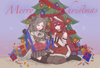 2girls ???_(assault_lily) animal_ears argyle_clothes argyle_dress assault_lily back_bow bare_shoulders black_boots black_bow black_bowtie black_gloves black_ribbon black_thighhighs blue_ribbon boots bow bow-shaped_hair bowtie box braid breasts brown_dress brown_hair brown_pantyhose cat_ears cat_girl cat_tail chinese_commentary christmas christmas_ornaments christmas_tree closed_mouth clothing_cutout commentary_request dress full_body fur-trimmed_dress fur-trimmed_headwear fur_trim garter_straps gatti_love gift gift_box gloves gradient_background grey_dress half-closed_eyes half_up_braid hands_up hat heterochromia high_ponytail highres holding holding_ribbon holding_stuffed_toy ichinomiya_michaela_himari kemonomimi_mode long_hair looking_at_object looking_down medium_breasts medium_hair merry_christmas multiple_girls pantyhose parted_bangs pleated_dress pom_pom_(clothes) ponytail purple_background red_hat red_ribbon ribbon santa_hat seiza shoulder_cutout sitting sleeves_past_wrists smile striped_bow striped_bowtie striped_clothes striped_dress stuffed_animal stuffed_toy tail tail_ornament tail_ribbon teddy_bear thighhighs tilted_headwear two-tone_dress unwrapping vertical-striped_clothes vertical-striped_dress very_long_hair white_dress