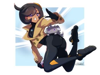 1girl ass black_bodysuit black_gloves black_shoes bodysuit bright_pupils cheesecakes_by_lynx commentary_request emma_(pokemon) espurr gen_6_pokemon gloves grin hair_between_eyes hair_ornament hand_up holding holding_poke_ball jacket long_sleeves mixed-language_commentary nintendo poke_ball poke_ball_(basic) pokemon pokemon_(creature) pokemon_legends:_z-a purple_eyes shoes short_hair side_ahoge smile teeth white_pupils