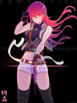 1girl absurdres artist_name bare_shoulders belt black_background black_gloves breasts closed_mouth commission crop_top cropped_jacket dog_tags double-parted_bangs eiyuu_densetsu english_text floating_hair furisode_(pixilvina) glint gloves gun hair_between_eyes handgun highres holding holding_gun holding_weapon jacket large_breasts long_hair looking_at_viewer midriff navel pink_hair sara_valestein sen_no_kiseki_(series) shorts simple_background skeb_commission sleeveless sleeveless_jacket smile solo thighs watermark weapon yellow_eyes