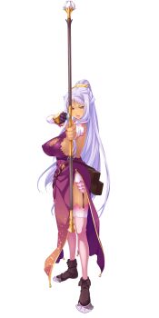 1girl absurdres arrow bibyo blue_eyes boots bow_(weapon) breasts china_dress chinese_clothes cleavage cleavage_cutout clothing_cutout dark_skin dark-skinned_female detached_sleeves dress female_focus full_body hands_on_own_hips highres hikage_eiji holding holding_bow_(weapon) holding_weapon koihime_musou kougai_(koihime_musou) large_breasts light_purple_hair long_hair looking_at_viewer mole mole_under_mouth official_art pelvic_curtain ponytail shin_koihime_musou sidelocks silver_hair sleeveless smile solo standing thighhighs transparent_background very_long_hair weapon