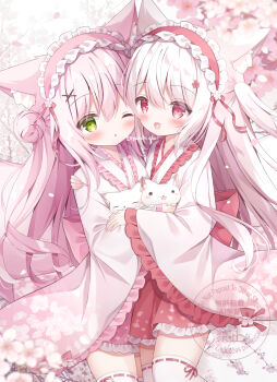 1girl animal animal_ear_fluff animal_ears bad_tag blush cat cherry_blossoms flower fox fox_ears fox_tail frilled_hairband frills green_eyes hair_ornament hairband highres japanese_clothes kimono lolita_hairband long_hair one_eye_closed open_mouth original pink_flower pink_hair red_eyes skirt smile tail thighhighs very_long_hair watermark white_hair white_kimono white_thighhighs wide_sleeves yuduki_pdx