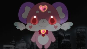 Rule 34 | animal ears, building, city, commentary request, heart-shaped gem, katou emiri, kyubey, looking at viewer, mahou shoujo madoka magica, mahou shoujo madoka magica (anime), mascot, meitantei precure!, night, no humans, parody, partial commentary, pochi-tan, precure, red eyes, smile, user xyja8323, wings