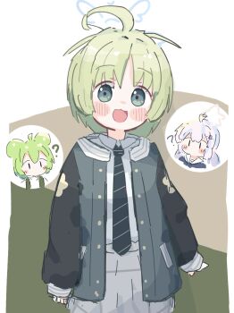 3girls :3 ? ahoge black_jacket black_necktie blue_archive blush blush_stickers collared_shirt green_eyes green_hair grey_skirt halo highres jacket long_sleeves looking_at_viewer multiple_girls necktie open_clothes open_jacket open_mouth pleated_skirt reisa_(blue_archive) ritsu_(blue_archive) sb10_3s shirt short_hair skirt smile solo_focus striped_necktie voicevox white_shirt zundamon