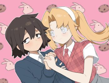 Rule 34 | amelia lee, bags under eyes, bandaid, bandaid on face, beatrice reden, black eyes, blonde hair, brown hair, closed mouth, commentary request, cookie, empty eyes, food, grey necktie, grey skirt, heart, heart-shaped pupils, hellchihuahua, highres, holding hands, i love amy, korean commentary, mixed-language commentary, necktie, pale skin, plaid clothes, plaid vest, rabbit, skirt, smile, symbol-shaped pupils, twintails, vest, yuri