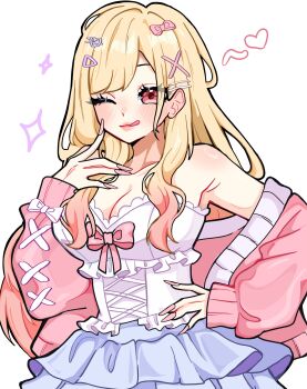 1girl absurdres blonde_hair blue_skirt blush bow breasts cardigan cleavage colored_tips commentary english_commentary fingernails frilled_skirt frills gradient_hair hair_bow hair_ornament hairclip hand_on_own_face hand_on_own_hip highres kitagawa_marin long_fingernails medium_breasts miovartz multicolored_hair nail_polish one_eye_closed pink_bow pink_cardigan pink_hair pink_nails single_bare_shoulder skirt solo sono_bisque_doll_wa_koi_wo_suru sparkle tongue tongue_out upper_body x_hair_ornament