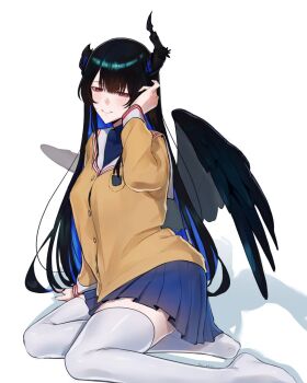 Rule 34 | 1girl, alternate costume, asymmetrical horns, black hair, black shirt, blue hair, blunt bangs, brown serafuku, clannad, closed mouth, colored inner hair, commentary, demon horns, english commentary, hair ornament, highres, hikarizaka private high school uniform, hololive, hololive english, horns, jacket, lilac alien, long hair, long sleeves, looking at viewer, mole, mole under eye, multicolored hair, nerissa ravencroft, plaid clothes, plaid skirt, purple eyes, red eyes, sailor collar, school uniform, serafuku, shirt, sidelocks, simple background, skirt, sleeve cuffs, smile, solo, straight hair, thighhighs, undershirt, uneven horns, very long hair, virtual youtuber, white background, white sailor collar, white thighhighs, x hair ornament