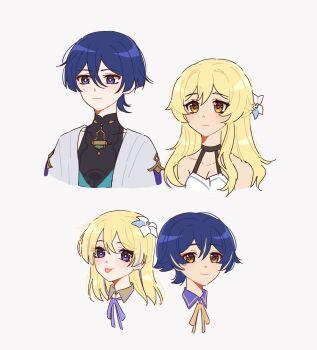 2boys 2girls alternate_hair_length alternate_hairstyle alternate_universe bare_shoulders black_bodysuit black_choker blonde_hair blue_flower blue_kimono blue_trim blunt_ends bodysuit breasts bright_pupils brown_eyes choker cleavage closed_mouth collarbone covered_collarbone cropped_head cropped_torso dress eyelashes eyeliner eyeshadow family flower genshin_impact hair_between_eyes hair_flower hair_ornament half_updo halterneck hetero highres if_they_mated japanese_clothes juban kimono long_hair looking_to_the_side lumine_(genshin_impact) makeup mandarin_collar multicolored_flower multicolored_hair multiple_boys multiple_girls open_clothes open_kimono purple_eyes purple_hair purple_ribbon purple_rope purple_trim red_eyeliner red_eyeshadow ribbon rope scaramouche_(genshin_impact) shoulder_peek single_sidelock smile springy_chan streaked_hair tongue tongue_out wanderer_(genshin_impact) white_background white_dress white_flower white_kimono white_pupils white_sleeves yellow_collar yellow_ribbon yellow_trim