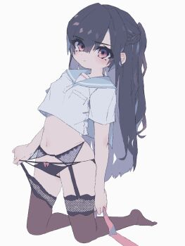 1girl black_hair black_panties black_thighhighs blue_sailor_collar bow bow_panties braid closed_mouth commentary_request cropped_shirt full_body garter_belt grey_shirt highres kneeling long_hair looking_at_viewer navel okubatomaeba original panties panty_tug parted_bangs petite pink_eyes sailor_collar shirt short_sleeves simple_background solo stomach thighhighs underwear white_background