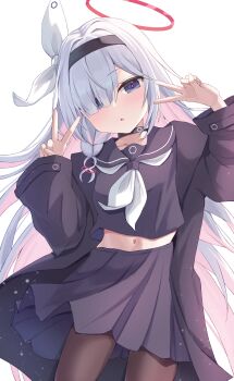 1girl absurdres black_hairband black_sailor_collar black_serafuku blue_archive breasts choker commentary_request double_v hair_over_one_eye hairband halo highres hutaba_miyagi long_hair midriff neckerchief pantyhose partial_commentary plana_(blue_archive) sailor_collar school_uniform serafuku skirt small_breasts solo v white_neckerchief