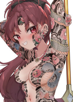Rule 34 | 1girl, arm tattoo, armpits, arms behind head, arms up, black bow, blush, bow, breast tattoo, breasts, chamame, chest tattoo, dragon tattoo, earrings, eyebrow piercing, face piercing, facial tattoo, flower tattoo, full-body tattoo, hair bow, heart, heart earrings, holding, holding polearm, holding spear, holding weapon, jewelry, long hair, mahou shoujo madoka magica, medium breasts, multiple earrings, navel, navel piercing, nipple piercing, nipples, nude, piercing, polearm, ponytail, red eyes, red hair, sakura kyoko, smile, solo, spear, stomach tattoo, tattoo, tattoo sleeve, topless female, upper body, watermark, weapon, white background