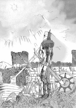 1boy 913kousatu absurdres broken_statue cloud commentary_request dark_souls_(series) dark_souls_i day full_body grass greyscale highres in-universe_location knight male_focus monochrome outdoors pants polearm ruins scabbard sheath shield solaire_of_astora solo spear standing sun sword tunic weapon