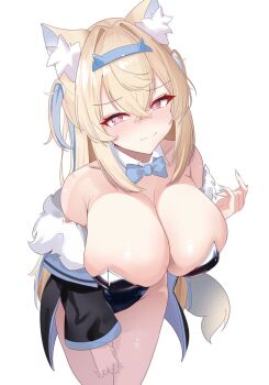 1girl alternate_costume animal_ear_fluff animal_ears black_leotard blonde_hair blue_nails blue_streaks blush breasts closed_mouth dog_ears dog_girl dog_tail fang fuwawa_abyssgard highres hololive hololive_english large_breasts leotard long_hair looking_at_viewer nail_polish pink_eyes sasaki_ikuya skin_fang smile solo strapless strapless_leotard tail two_side_up very_long_hair virtual_youtuber