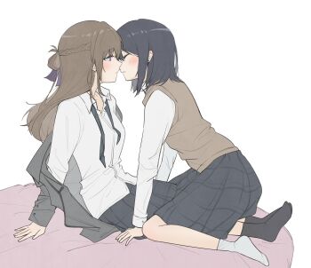 2girls black_hair black_skirt black_socks blush braid brown_hair brown_sweater_vest closed_eyes collared_shirt commentary grey_jacket hair_ribbon half_up_braid hashtag-only_commentary highres imminent_kiss jacket long_hair medium_hair mim120809 miyagi_shiori multiple_girls parted_lips pleated_skirt purple_eyes purple_ribbon ribbon school_uniform sendai_hazuki shirt shuuniichido_classmate_wo_kau_hanashi skirt socks straddling sweater_vest white_shirt white_socks yuri