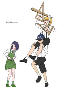 1girl 2boys alternate_costume baseball_cap beam_(chainsaw_man) black_shoes black_shorts blonde_hair blue_hair blush carrying chainsaw_man closed_eyes collared_shirt denji_(chainsaw_man) dress flower full_body green_dress green_shirt green_socks hair_bun hair_flower hair_ornament hair_over_one_eye hands_on_own_stomach happy_tears hat laughing medium_hair multiple_boys official_alternate_costume open_mouth partially_shaded_face piggyback pinafore_dress red_flower reze_(chainsaw_man) school_uniform set_square shark_boy shark_hat sharp_teeth shirt shirt_under_dress shoes short_hair shorts sleeveless sleeveless_dress smile socks suspenders tears teeth tikuwabunoakuma updo white_background white_flower white_shirt white_socks