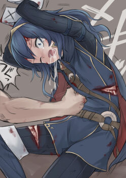 1boy 1girl bleeding blood blue_eyes blue_hair cape commentary_request cuts fire_emblem fire_emblem_awakening injury long_hair lucina_(fire_emblem) meis_(terameisu) nintendo one_eye_closed open_mouth punching ryona saliva solo_focus stomach_punch tunic two-tone_cape