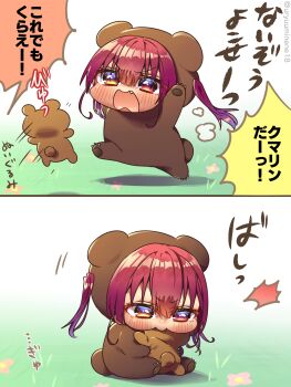1girl aged_down animal_costume arms_up bear_costume blush chibi commentary_request fang hair_between_eyes harumina_mau heterochromia highres hololive houshou_kumarine houshou_marine hug hugging_object open_mouth pout red_eyes red_hair shadow sitting solo standing standing_on_one_leg stuffed_animal stuffed_toy teddy_bear translated twitter_username v-shaped_eyebrows virtual_youtuber yellow_eyes yurie_mouth