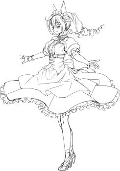 1girl absurdres akiha_rumiho animal_ear_hairband animal_ears apron belt_around_waist belt_buckle buckle cat_ears commentary_request dress drill_hair eibon fake_animal_ears frills full_body hairband high_heels highres long_hair maid maid_headdress mary_janes mayqueen_maid_uniform monochrome narrowed_eyes outstretched_arms puffy_short_sleeves puffy_sleeves science_adventure shoes short_sleeves simple_background smile solo steins;gate tsurime twin_drills twintails