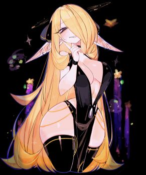 1girl alternate_ears blonde_hair blush breasts cleavage cynthia_(pokemon) grey_eyes hair_ornament hair_over_one_eye highres large_breasts long_hair looking_at_viewer navel nintendo pointy_ears pokemon pokemon_dppt smile solo thighs usa37107692 very_long_hair