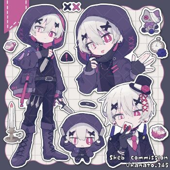 Rule 34 | !, 1boy, :p, black boots, black gloves, black hoodie, black pants, black shirt, black vest, boots, candle, card, chibi, closed mouth, collared shirt, commentary request, commission, dot nose, double-parted bangs, fingerless gloves, full body, gloves, grey hair, grid background, hair between eyes, heterochromia, highres, holding, holding card, holding knife, hood, hood up, hoodie, kanamochi kanato, knife, lace-up boots, looking at viewer, male focus, mask, mouth mask, multiple views, necktie, open clothes, open hoodie, original, pants, playing card, red eyes, red necktie, shirt, short hair, skeb commission, standing, star-shaped pupils, star (symbol), symbol-shaped pupils, tongue, tongue out, twitter username, vest, white background, white eyes, white shirt