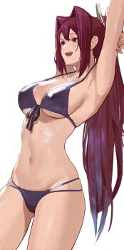 1girl :d armpits arms_behind_head arms_up bikini black_bikini breasts cleavage covered_erect_nipples female_focus front-tie_bikini_top front-tie_top hair_intakes high_ponytail highres j@ck large_breasts long_hair navel open_mouth ponytail purple_hair red_eyes skindentation smile solo stomach swimsuit under_night_in-birth underboob very_long_hair yuzuriha_(under_night_in-birth)
