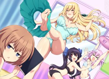 Rule 34 | 4girls, ass, black bra, black hair, black panties, blanc (neptunia), blonde hair, blue eyes, blue ribbon, bra, breasts, brown hair, chestnut mouth, choujigen game neptune, closed eyes, commentary, d-pad, d-pad hair ornament, english commentary, hair ornament, hair ribbon, large breasts, lindaroze, long hair, multiple girls, neptune (neptunia), neptune (series), noire (neptunia), open mouth, panties, purple hair, red eyes, ribbon, short hair, sideboob, smile, twintails, underwear, underwear only, undressing, vert (neptunia), very long hair