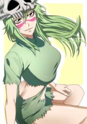 Rule 34 | 1girl, absurdres, arm at side, bleach, border, breasts, brown eyes, commentary request, curvy, eyelashes, facial mark, feet out of frame, floating hair, green hair, green shirt, green skirt, hair between eyes, hand on own thigh, highres, korean commentary, large breasts, long hair, looking at viewer, mask, mask on head, miniskirt, n (nauki 11), nelliel tu odelschwanck, parted lips, shirt, short sleeves, sidelocks, simple background, sitting, skirt, skull mask, smile, solo, torn clothes, torn skirt, tsurime, white border, yellow background, yokozuwari