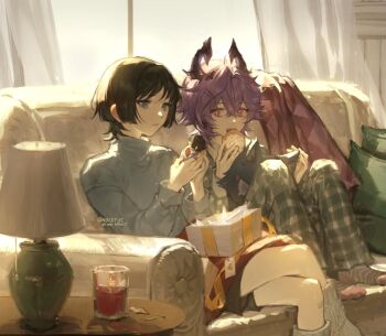 Rule 34 | 1boy, 1girl, alternate costume, black cat, black hair, black horns, black shorts, blunt ends, box, bright pupils, casual, cat, character doll, checkered clothes, checkered pants, contemporary, couch, crossed bangs, crossed legs, cup, curtains, desk lamp, doll, dragon boy, dragon horns, durin (genshin impact), facial mark, fangs, food, food request, forehead mark, genshin impact, gift, gift box, glass, grey eyes, grey pants, grey shirt, grey sleeves, hair between eyes, hair ornament, hairclip, hands up, highres, holding, holding doll, holding food, horns, indoors, lamp, long sleeves, looking at another, looking at doll, matches, nocetus, open mouth, pants, pastry, pillow, pink eyes, purple hair, ribbed socks, ribbon, scaramouche (cat) (genshin impact), scaramouche (genshin impact), shirt, shorts, sideways glance, sitting, slit pupils, socks, sprinkles, stuffed animal, stuffed toy, turtleneck, turtleneck shirt, twitter username, white pupils, white socks, window, wispy bangs, yellow ribbon