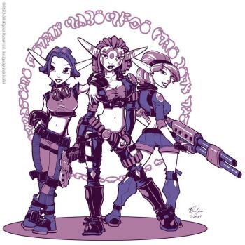 3girls ashelin_praxis ass boots breasts cleavage gun headband jak_and_daxter jak_ii keira_hagai long_ears monochrome multiple_girls rifle tattoo tess_(jak_and_daxter) weapon