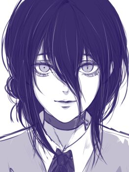 1girl aegyo_sal chainsaw_man choker collared_shirt hair_between_eyes hair_bun highres jiuwen_siming light_smile long_bangs looking_at_viewer monochrome neckerchief reze_(chainsaw_man) shirt simple_background solo straight-on updo