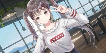 1girl azumi_nanaka blue_reflection_(series) blue_reflection_sun blue_sky breasts brown_eyes brown_hair cafe ceiling_light chair closed_mouth day dutch_angle game_cg hand_up hanging_plant highres indoors ivy kishida_mel large_breasts long_hair long_sleeves looking_at_viewer non-web_source official_art plant potted_plant shirt sky smile solo table twintails v very_long_hair white_shirt window wooden_floor